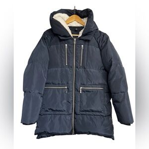 Tribal Cocoon Down Filled Puffer Jacket Sherpa Lined Hood Navy Blue Size Medium